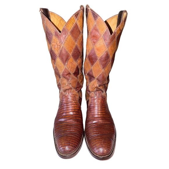 Vintage men’s Justin brown leather patchwork boots lizard country western 10EE main image 4